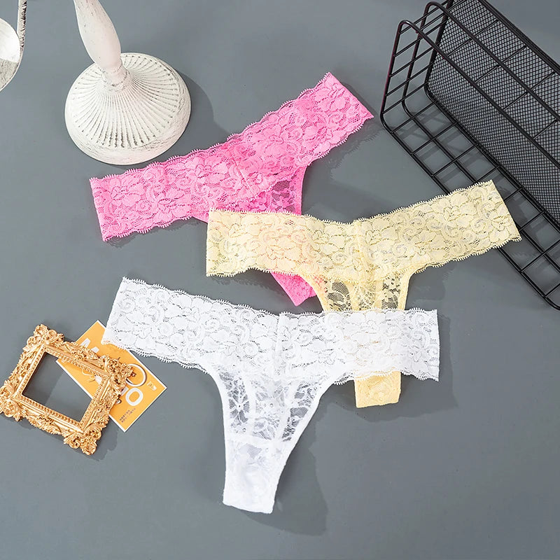 3 pièces dentelle florale femmes culottes taille basse respirant slips femme string sous-vêtements M-2XL solide Sexy string Transparent culotte