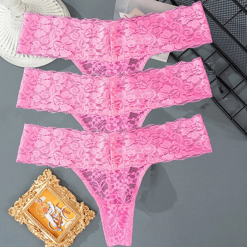 3 pièces dentelle florale femmes culottes taille basse respirant slips femme string sous-vêtements M-2XL solide Sexy string Transparent culotte