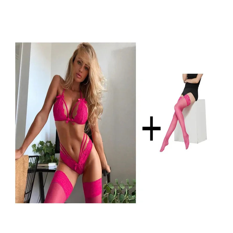 Ensemble de Lingerie érotique pour femmes, sous-vêtements érotiques, ensemble exotique, soutien-gorge Sexy en dentelle, culotte à bandes + bas, ensemble de soutien-gorge Transparent