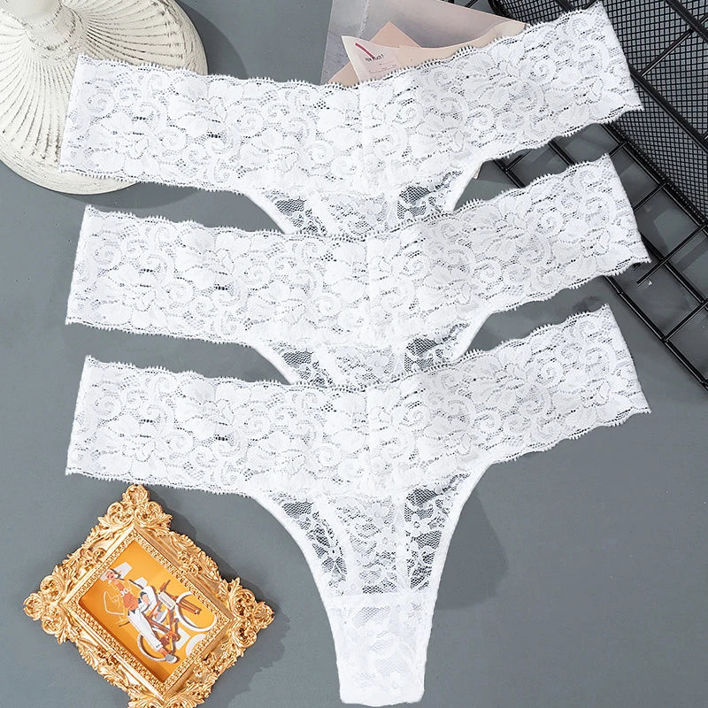 3 pièces dentelle florale femmes culottes taille basse respirant slips femme string sous-vêtements M-2XL solide Sexy string Transparent culotte