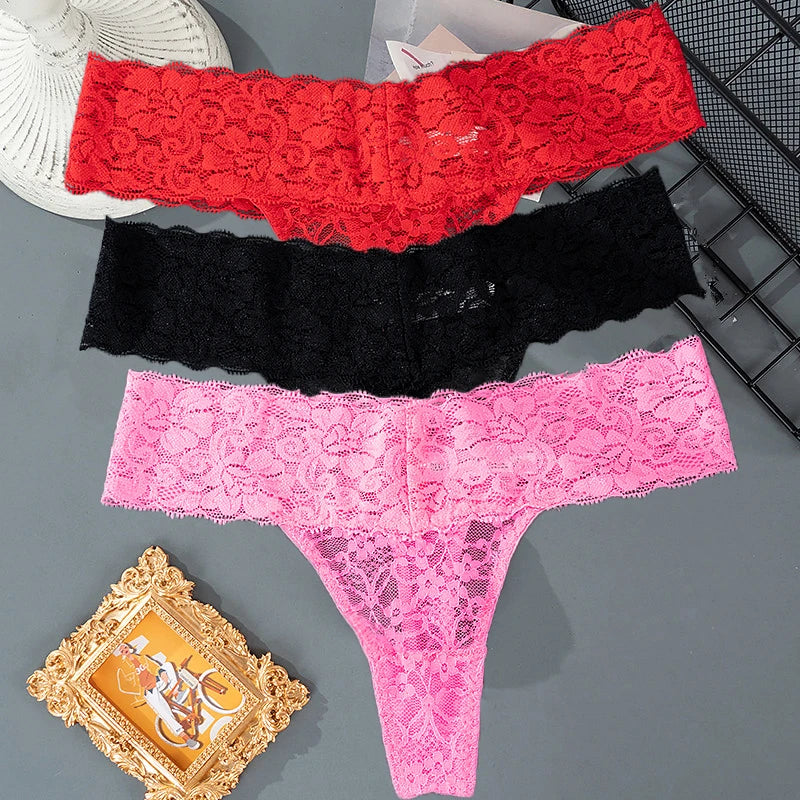 3 pièces dentelle florale femmes culottes taille basse respirant slips femme string sous-vêtements M-2XL solide Sexy string Transparent culotte