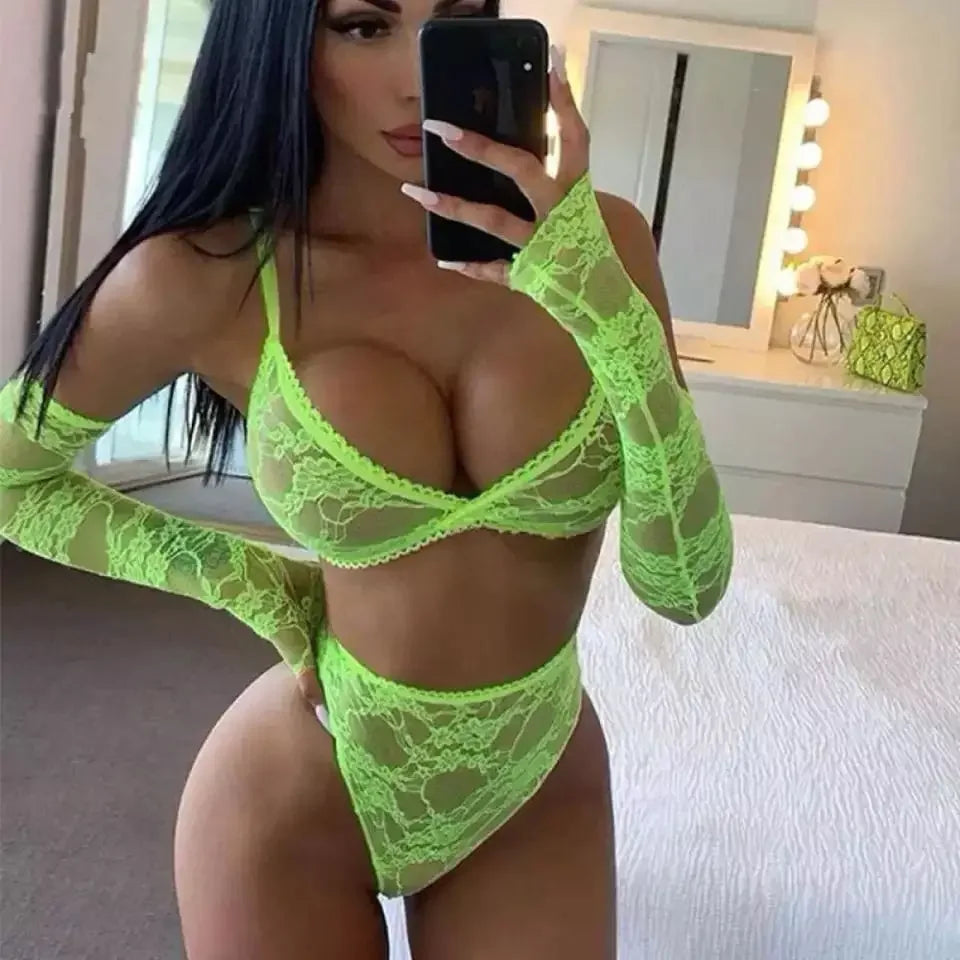 Ensemble de Lingerie érotique pour femmes, sous-vêtements érotiques, ensemble exotique, soutien-gorge Sexy en dentelle, culotte à bandes + bas, ensemble de soutien-gorge Transparent