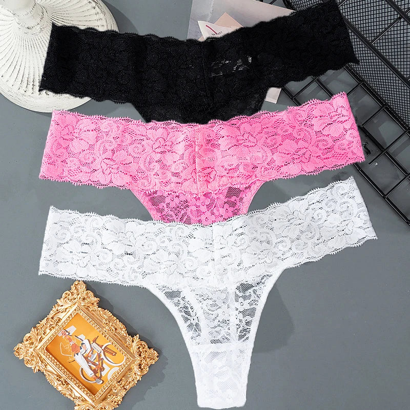 3 pièces dentelle florale femmes culottes taille basse respirant slips femme string sous-vêtements M-2XL solide Sexy string Transparent culotte