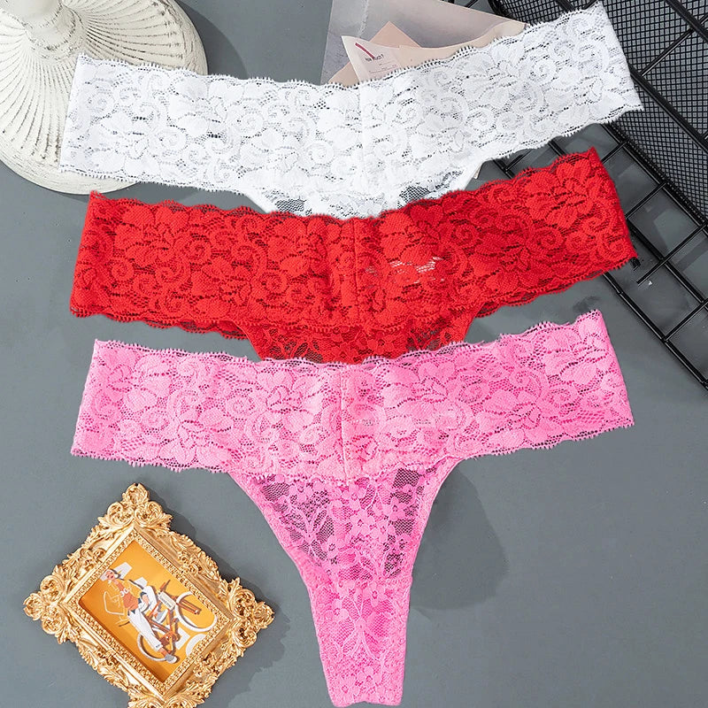 3 pièces dentelle florale femmes culottes taille basse respirant slips femme string sous-vêtements M-2XL solide Sexy string Transparent culotte