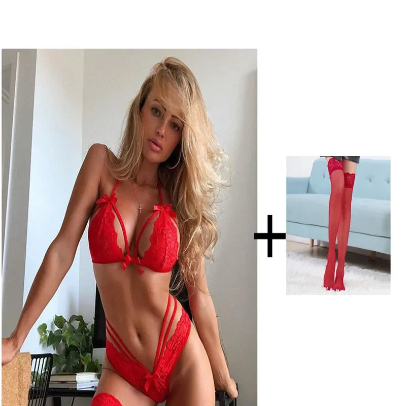 Ensemble de Lingerie érotique pour femmes, sous-vêtements érotiques, ensemble exotique, soutien-gorge Sexy en dentelle, culotte à bandes + bas, ensemble de soutien-gorge Transparent