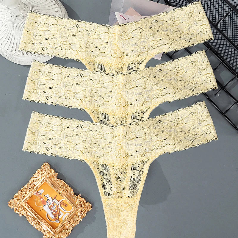 3 pièces dentelle florale femmes culottes taille basse respirant slips femme string sous-vêtements M-2XL solide Sexy string Transparent culotte