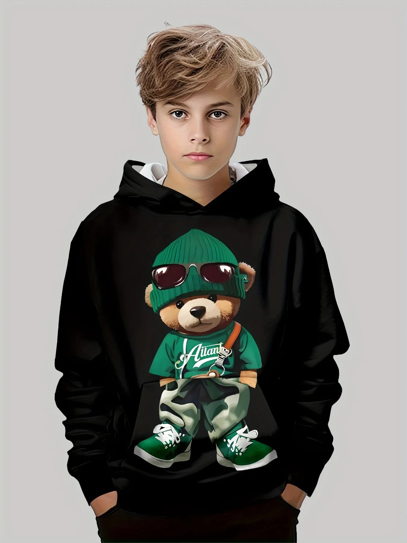 Vêtements pour enfants, sweat à capuche pour garçons, manches longues, imprimé ours Cool, vêtements de printemps et d'automne, à la mode, vêtements d'extérieur
