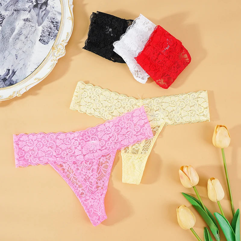 3 pièces dentelle florale femmes culottes taille basse respirant slips femme string sous-vêtements M-2XL solide Sexy string Transparent culotte