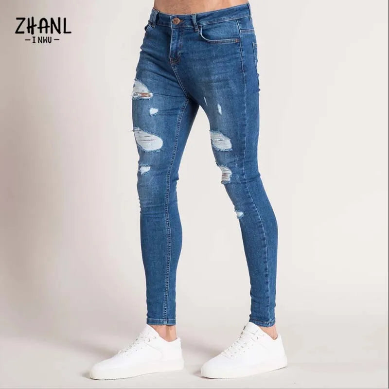 Mode blanc élastique pantalon maigre homme déchiré jean homme Streetwear Vintage lavage solide Denim pantalon hommes décontracté pantalon ajusté