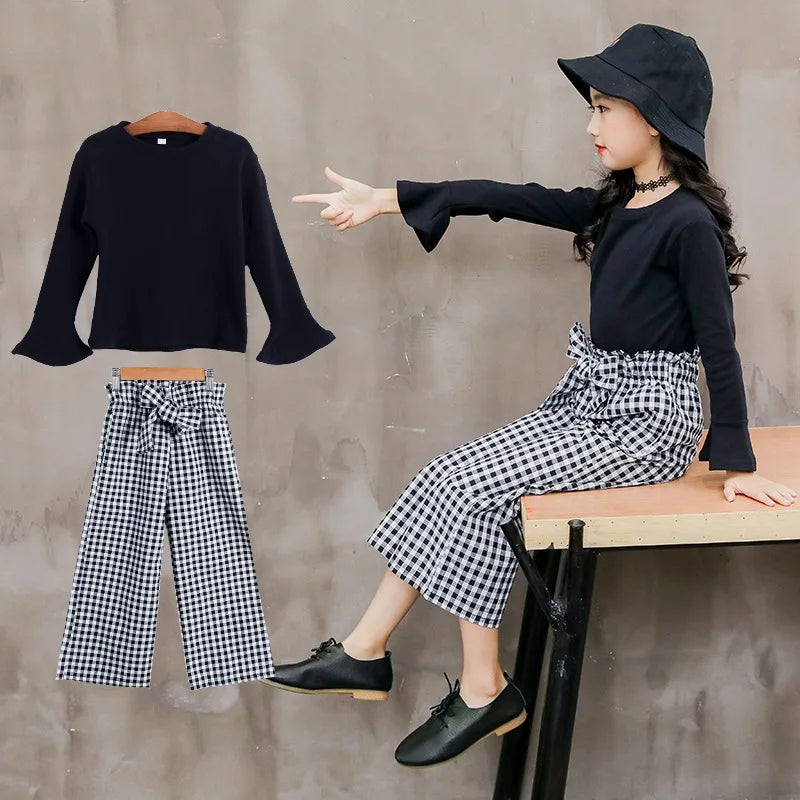 Ensemble de vêtements pour enfants filles, T-shirt à manches longues + pantalon à carreaux à jambes larges, 2 pièces, vêtements pour enfants et adolescentes de 6 8 10 12 14 ans, automne 2024