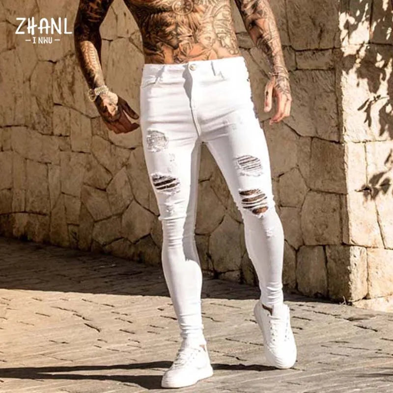 Mode blanc élastique pantalon maigre homme déchiré jean homme Streetwear Vintage lavage solide Denim pantalon hommes décontracté pantalon ajusté