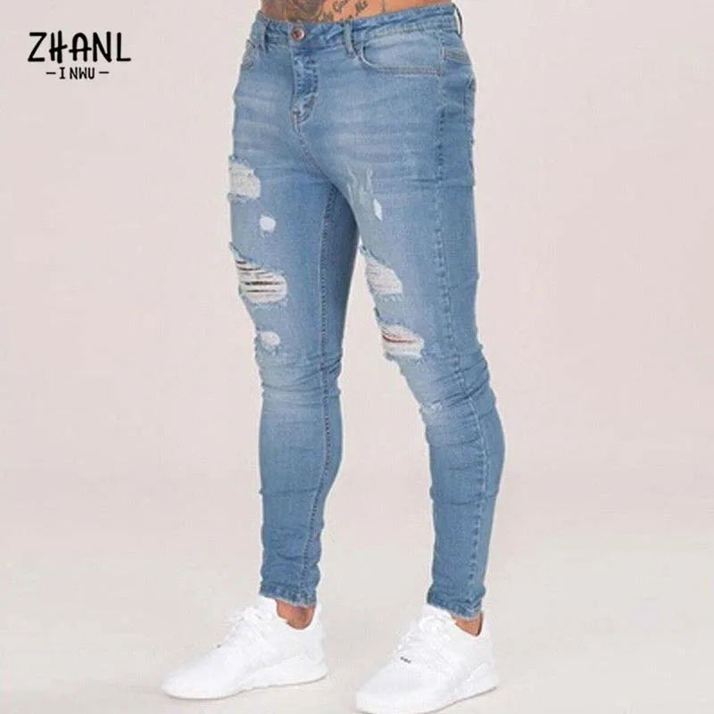 Mode blanc élastique pantalon maigre homme déchiré jean homme Streetwear Vintage lavage solide Denim pantalon hommes décontracté pantalon ajusté