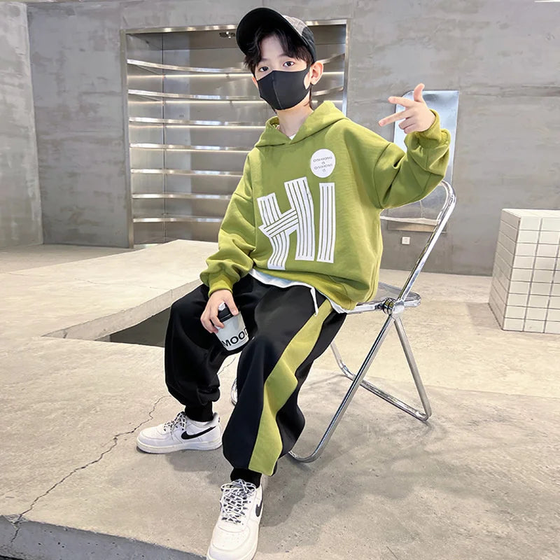 Costume sweat-shirt pour garçons, ensemble décontracté, à la mode, pour enfants et adolescents, à capuche, tendance, haut et pantalon, 2 pièces, nouvelle collection automne printemps 2025