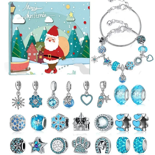 Advent Calendar Jewelry for Women, Christmas Countdown Calendar DIY Charm Bracelets Necklace with Blue Charm Beads, Christmas Surprise Gift
