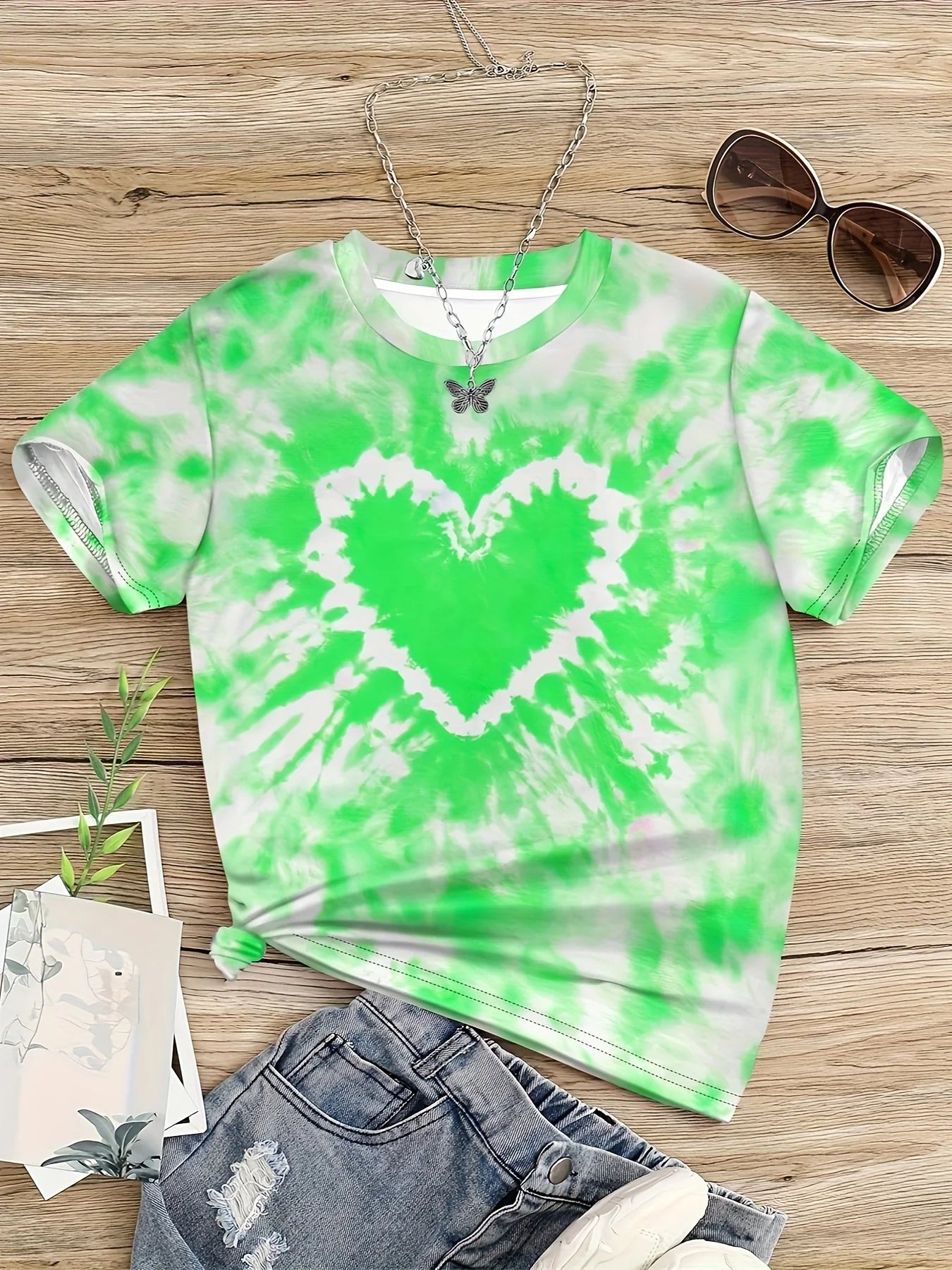 Vêtements fille T-Shirt enfant manches courtes coeur imprimé Tie Dye fille T-Shirt haut t-shirts occasionnels enfants vêtements d'été vêtements pour enfants