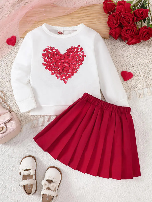 Vêtements de printemps pour filles de 3 à 10 ans, hauts imprimés de cœur, jupe plissée, ensemble de 2 pièces, vêtements d'extérieur pour enfants, cadeau de saint-valentin