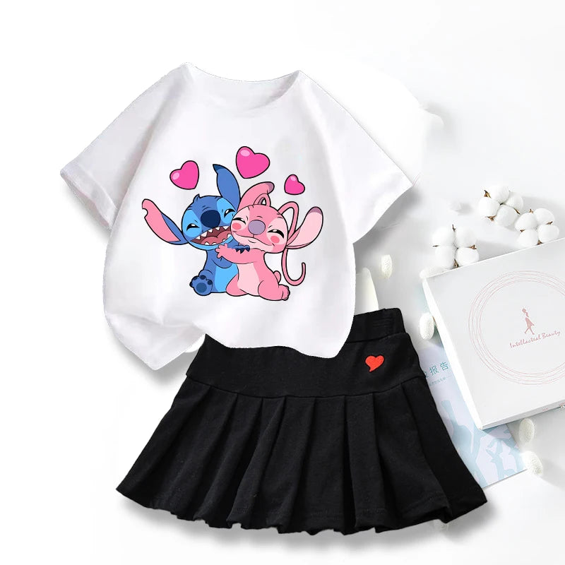 Nouveau mignon Lilo point T-shirts jupe ensemble Kawaii Disney dessin animé graphique T-shirt enfants décontracté manches courtes hauts été fille vêtements