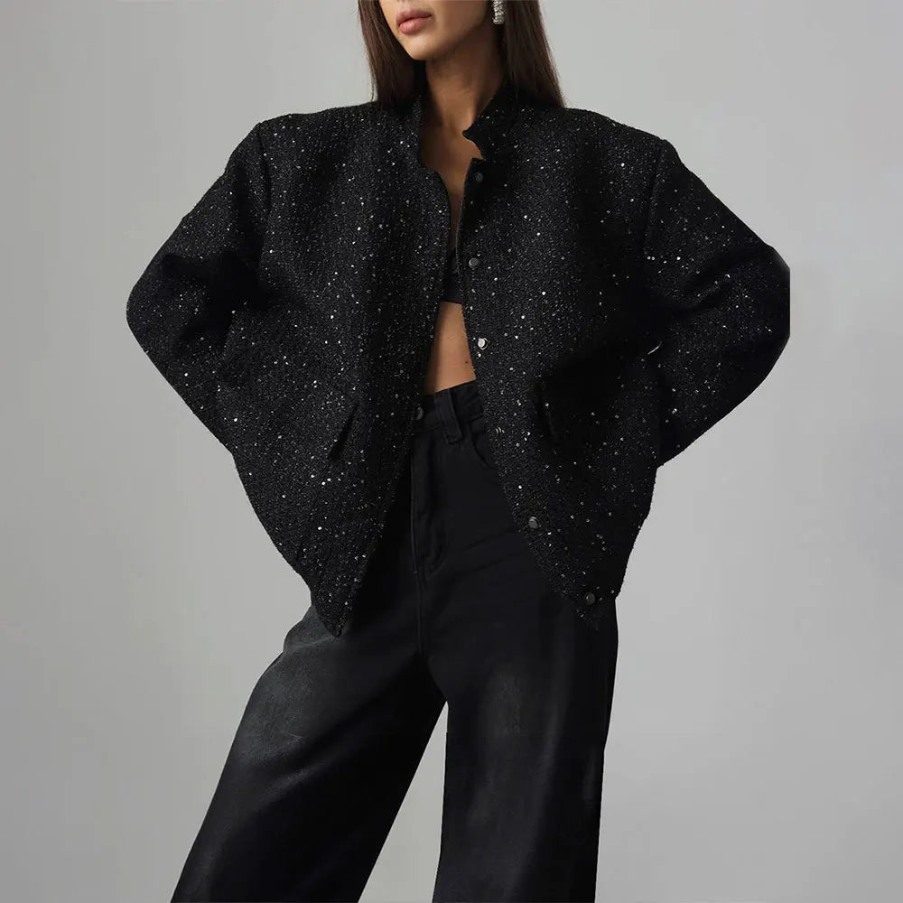 Veste à paillettes dorées pour femmes, nouvelle mode, col montant, ample, vêtements d'hiver, 2025