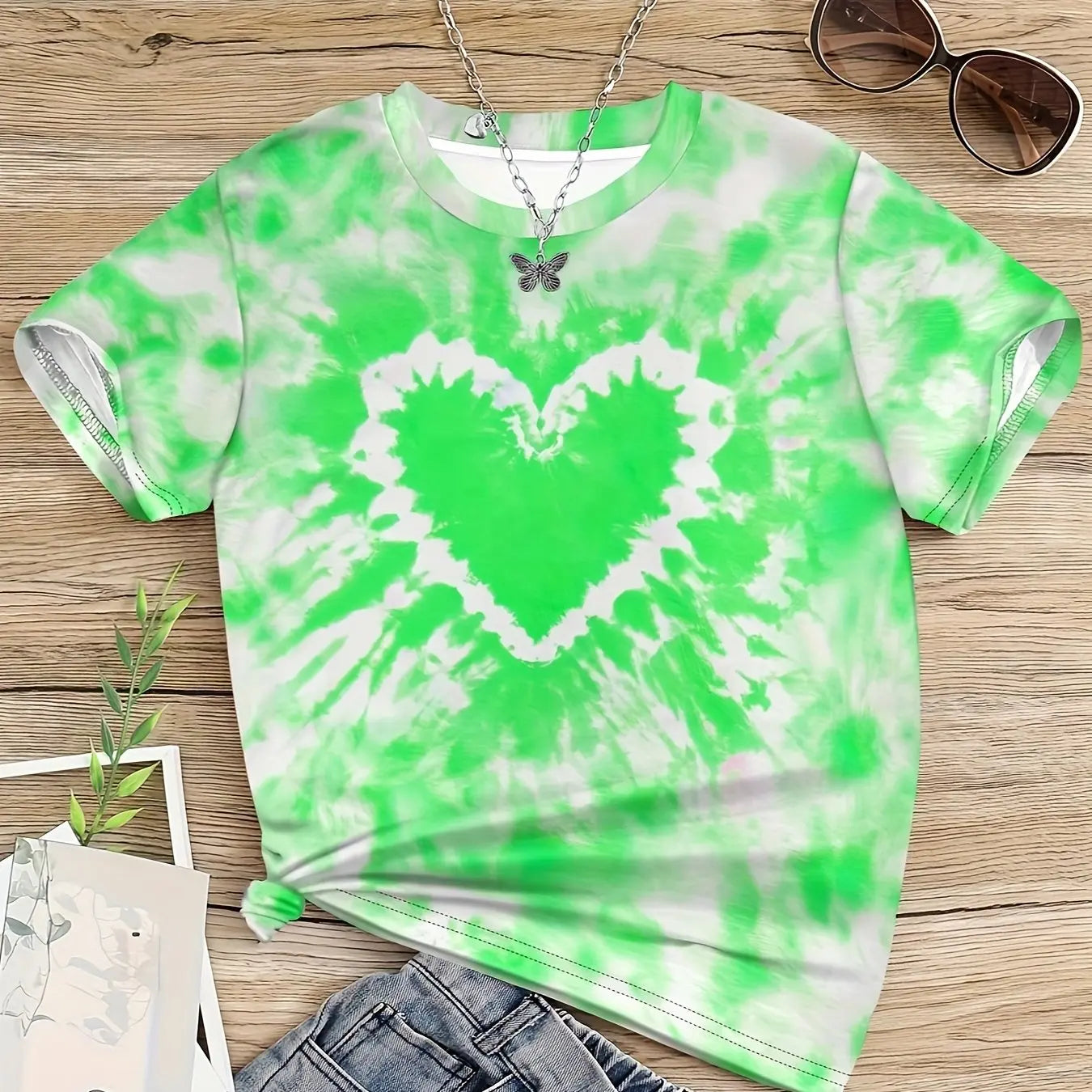 Vêtements fille T-Shirt enfant manches courtes coeur imprimé Tie Dye fille T-Shirt haut t-shirts occasionnels enfants vêtements d'été vêtements pour enfants