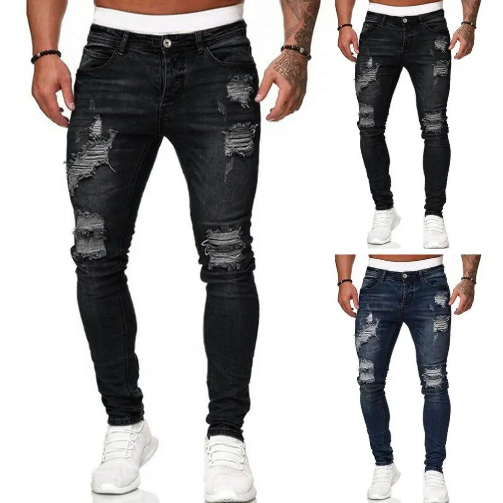 Jean Slim pour hommes peint Stretch coupe ajustée déchiré en détresse plissé genou Patch Denim pantalon marque pantalon décontracté mâle