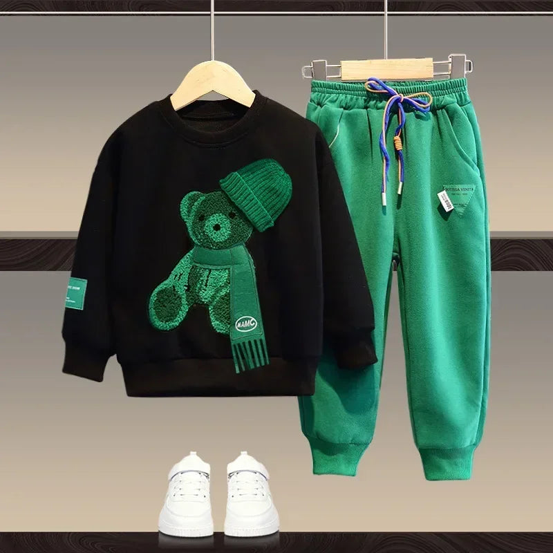 Ensemble de vêtements d'automne pour bébés filles et garçons, sweat-shirt avec ours de dessin animé, pantalon et haut à boutons, costume deux pièces, survêtement en coton