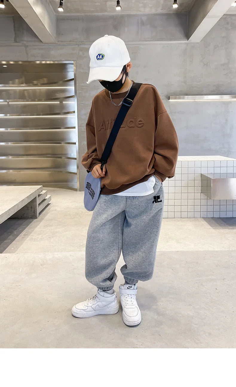 Ensemble de vêtements de sport pour garçons, sweat-shirt + pantalon imprimé de lettres de couleur unie, 2 pièces pour enfants de 5 à 14 ans, costume de loisirs de printemps et d'automne