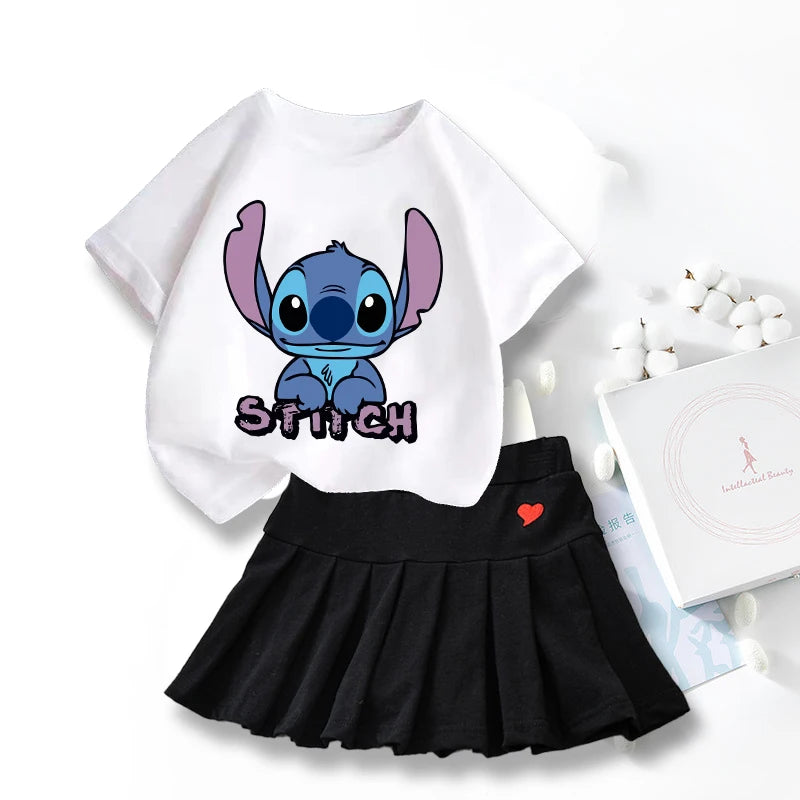 Nouveau mignon Lilo point T-shirts jupe ensemble Kawaii Disney dessin animé graphique T-shirt enfants décontracté manches courtes hauts été fille vêtements