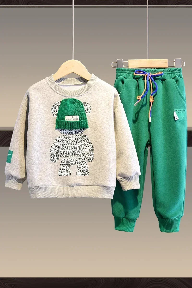 Ensemble de vêtements d'automne pour bébés filles et garçons, sweat-shirt avec ours de dessin animé, pantalon et haut à boutons, costume deux pièces, survêtement en coton