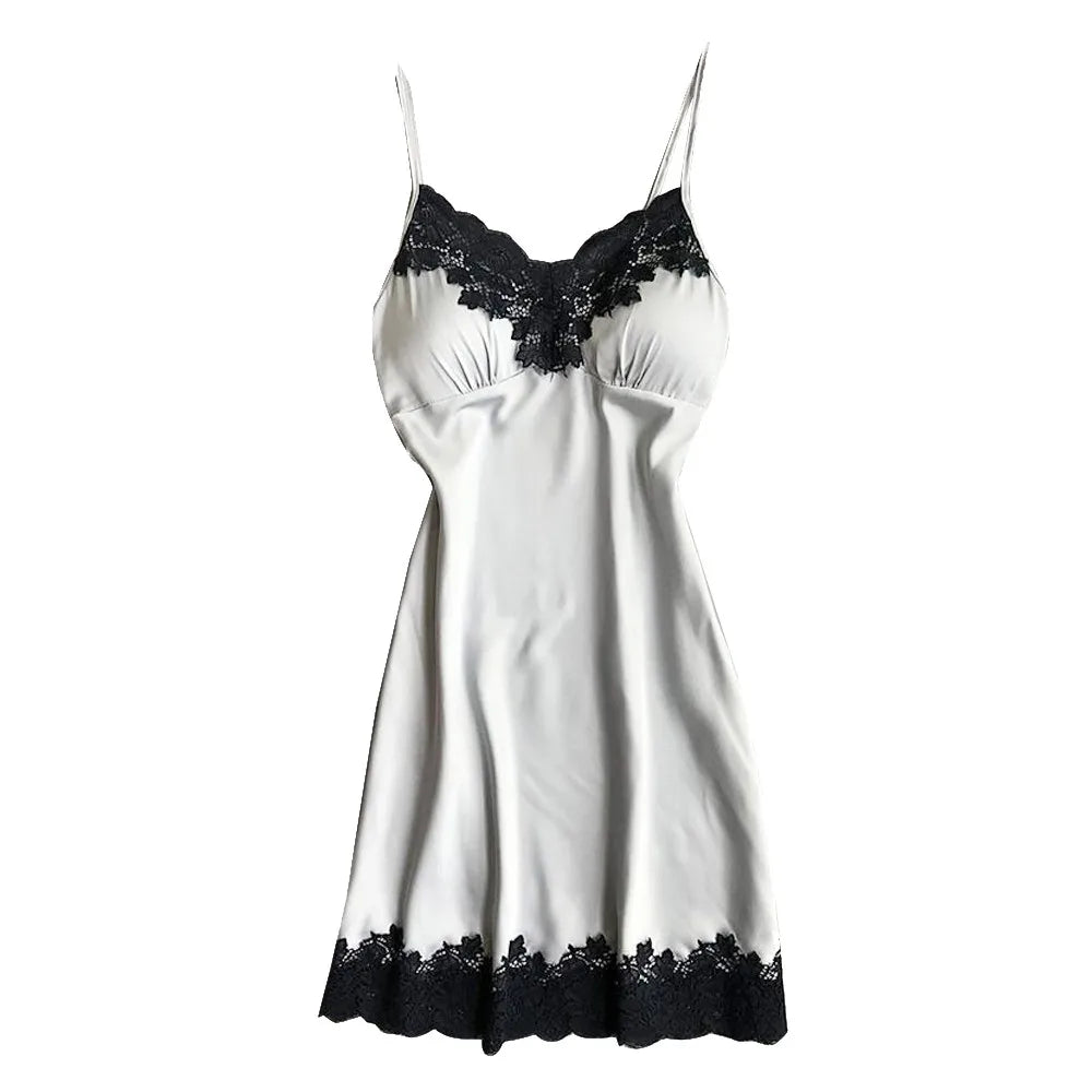 Robe de nuit d'été en soie pour femmes, Lingerie Sexy, dentelle, Patchwork, Mini robe de nuit, bretelles Spaghetti, sans coussinet de poitrine, vêtements de nuit pour dames