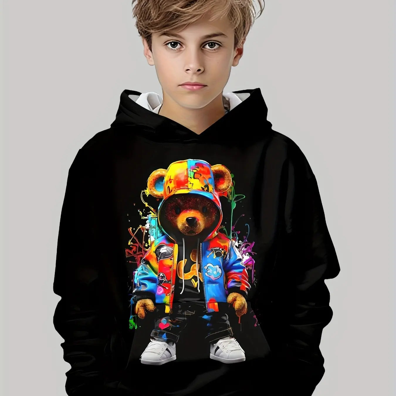Vêtements pour enfants, sweat à capuche pour garçons, manches longues, imprimé ours Cool, vêtements de printemps et d'automne, à la mode, vêtements d'extérieur