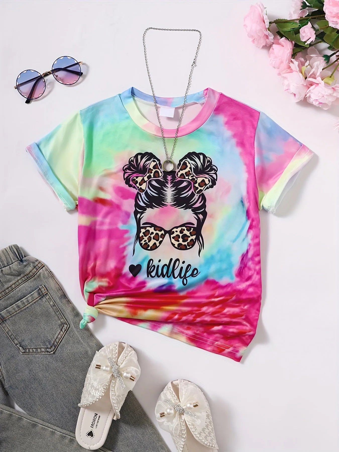 Vêtements fille T-Shirt enfant manches courtes coeur imprimé Tie Dye fille T-Shirt haut t-shirts occasionnels enfants vêtements d'été vêtements pour enfants