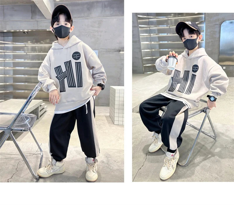 Costume sweat-shirt pour garçons, ensemble décontracté, à la mode, pour enfants et adolescents, à capuche, tendance, haut et pantalon, 2 pièces, nouvelle collection automne printemps 2025