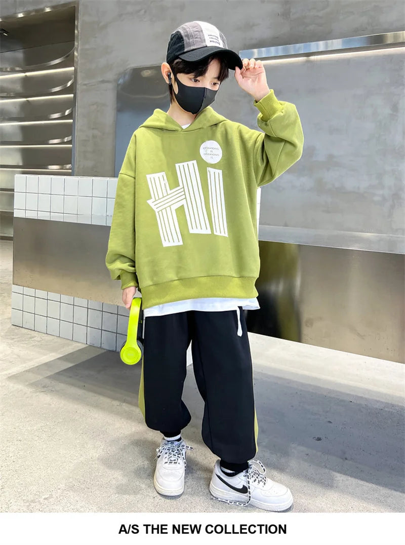 Costume sweat-shirt pour garçons, ensemble décontracté, à la mode, pour enfants et adolescents, à capuche, tendance, haut et pantalon, 2 pièces, nouvelle collection automne printemps 2025