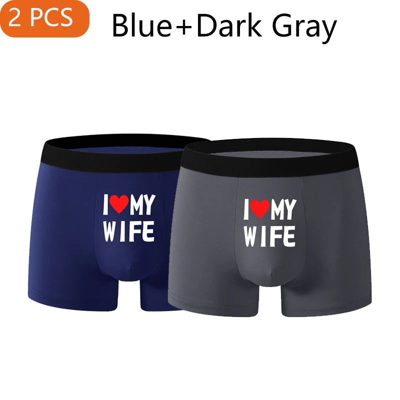 2 pièces nouveau Style hommes sous-vêtements noir couleur unie hommes Boxer mode impression personnalisée j'aime ma femme respirant hommes sous-vêtements