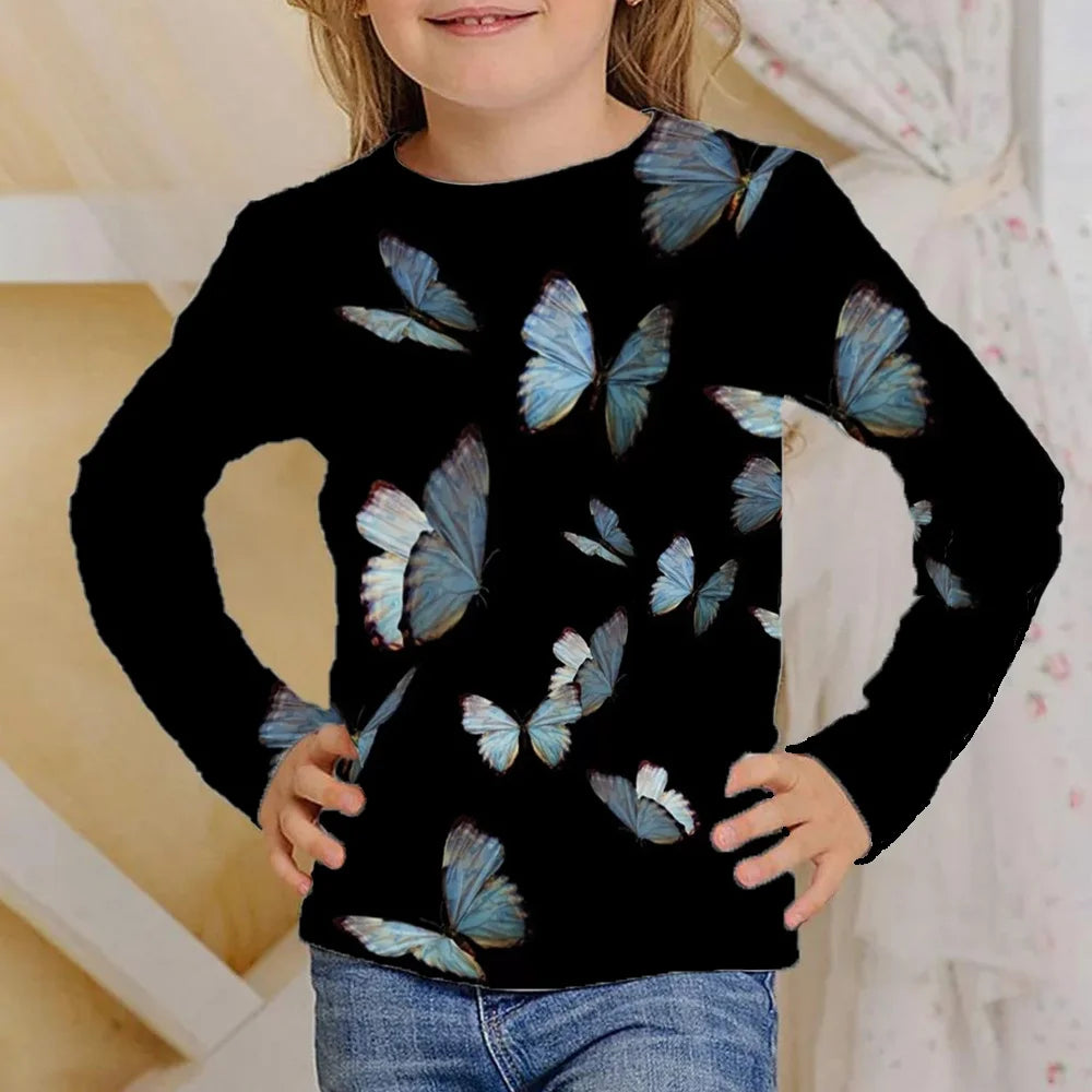 Vêtements pour filles de 4 à 12 ans, t-shirts noirs à manches longues avec papillon brillant, mode automne 2025, hauts pour enfants