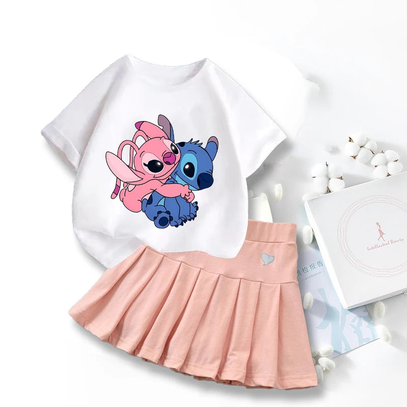 Nouveau mignon Lilo point T-shirts jupe ensemble Kawaii Disney dessin animé graphique T-shirt enfants décontracté manches courtes hauts été fille vêtements