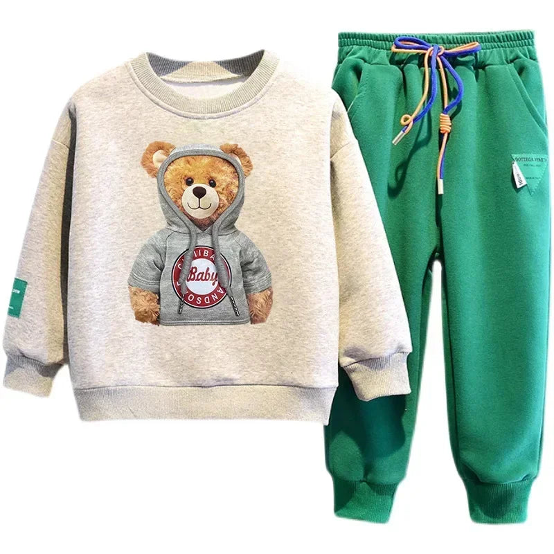 Ensemble de vêtements d'automne pour bébés filles et garçons, sweat-shirt avec ours de dessin animé, pantalon et haut à boutons, costume deux pièces, survêtement en coton