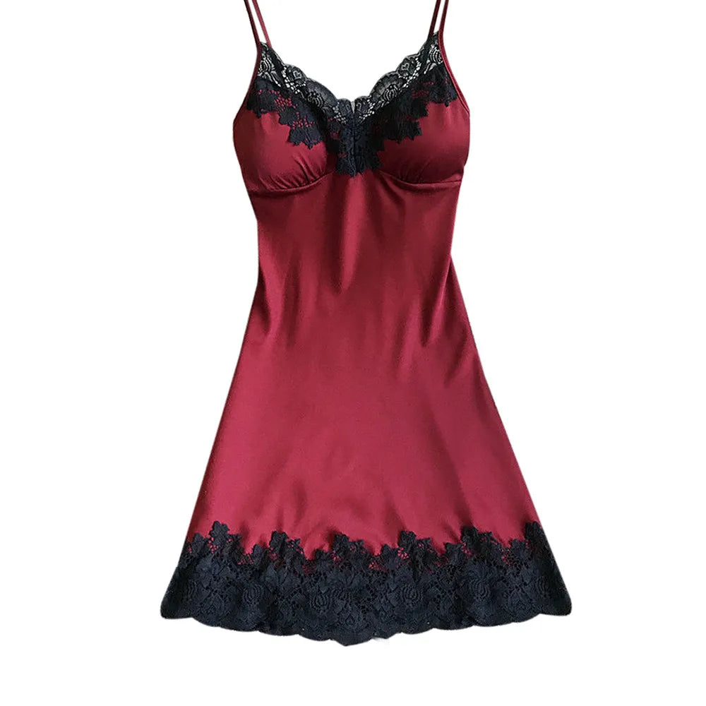 Robe de nuit d'été en soie pour femmes, Lingerie Sexy, dentelle, Patchwork, Mini robe de nuit, bretelles Spaghetti, sans coussinet de poitrine, vêtements de nuit pour dames