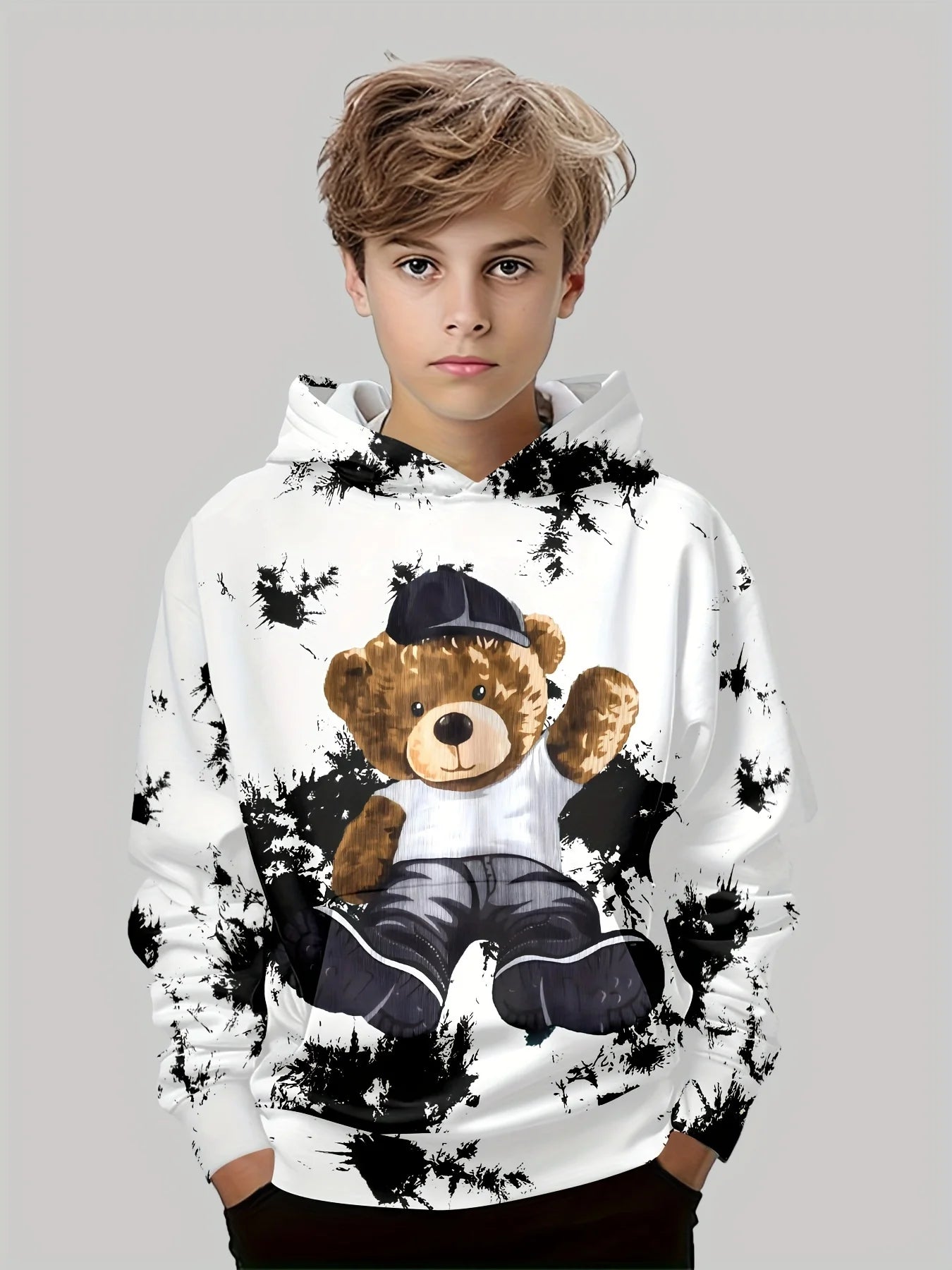 Vêtements pour enfants, sweat à capuche pour garçons, manches longues, imprimé ours Cool, vêtements de printemps et d'automne, à la mode, vêtements d'extérieur