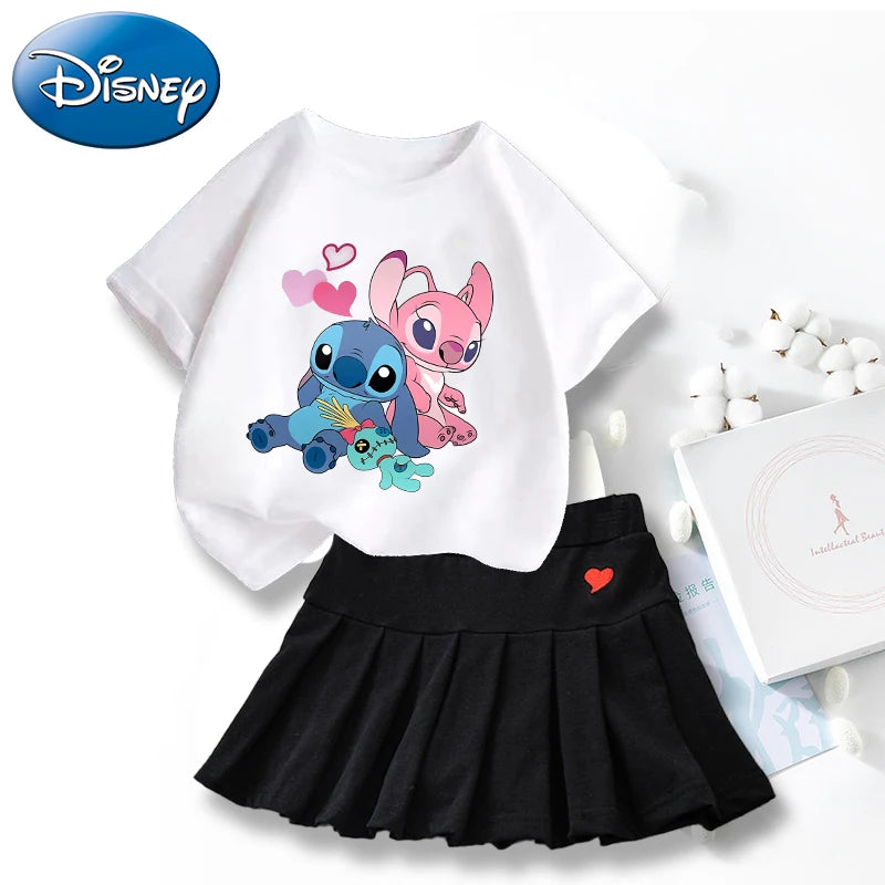 Nouveau mignon Lilo point T-shirts jupe ensemble Kawaii Disney dessin animé graphique T-shirt enfants décontracté manches courtes hauts été fille vêtements