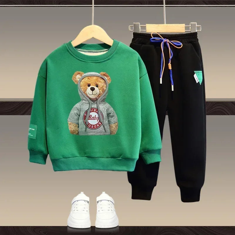 Ensemble de vêtements d'automne pour bébés filles et garçons, sweat-shirt avec ours de dessin animé, pantalon et haut à boutons, costume deux pièces, survêtement en coton