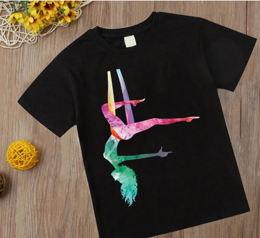 Aquarelle gymnastique fille imprimer CuteChildren T-Shirts enfants noir t-shirt GYM extrait Sport amant cadeau d'anniversaire t-shirt personnalisé