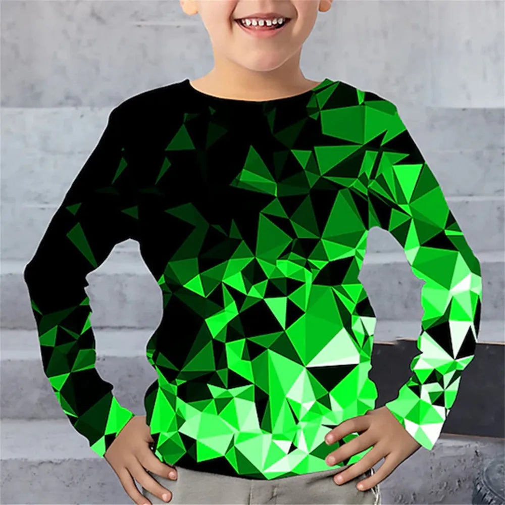 T-Shirt à manches longues pour garçon, vêtements une pièce à col rond, imprimé géométrique éclair, vêtements décontractés pour enfants, automne 2025