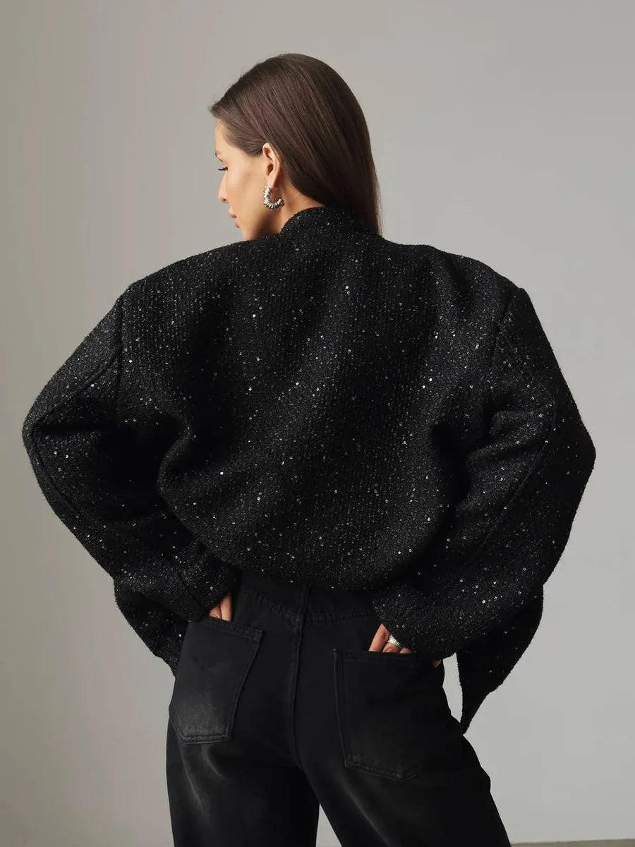 Veste à paillettes dorées pour femmes, nouvelle mode, col montant, ample, vêtements d'hiver, 2025