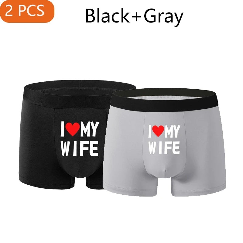 2 pièces nouveau Style hommes sous-vêtements noir couleur unie hommes Boxer mode impression personnalisée j'aime ma femme respirant hommes sous-vêtements