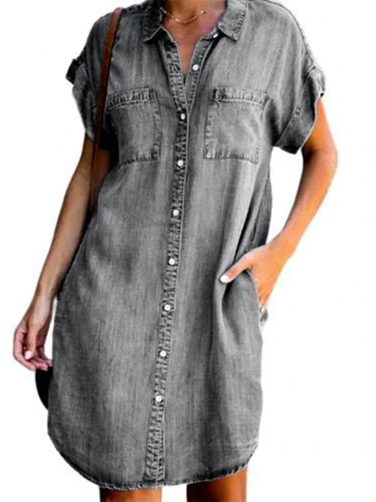 Robe chemise en Denim à Simple boutonnage pour femmes, nouvelle collection d'été, décontractée, ample, poches, Simple, rétro, banlieue, bureau, jupe courte en Denim