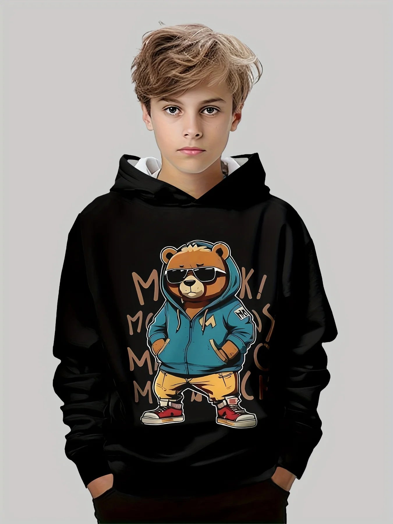Vêtements pour enfants, sweat à capuche pour garçons, manches longues, imprimé ours Cool, vêtements de printemps et d'automne, à la mode, vêtements d'extérieur
