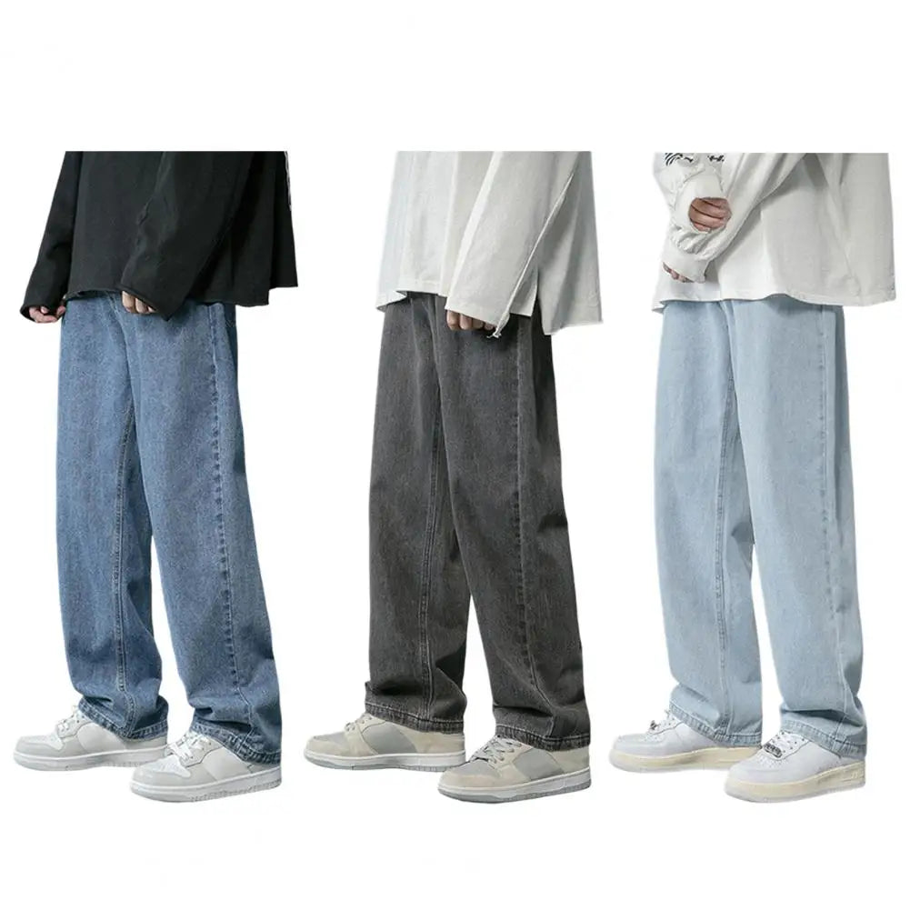 Jean à jambes droites pour hommes, pantalon en Denim à jambes larges, Style Hip Hop, jean délavé avec poches, décontracté, solide, pour le printemps