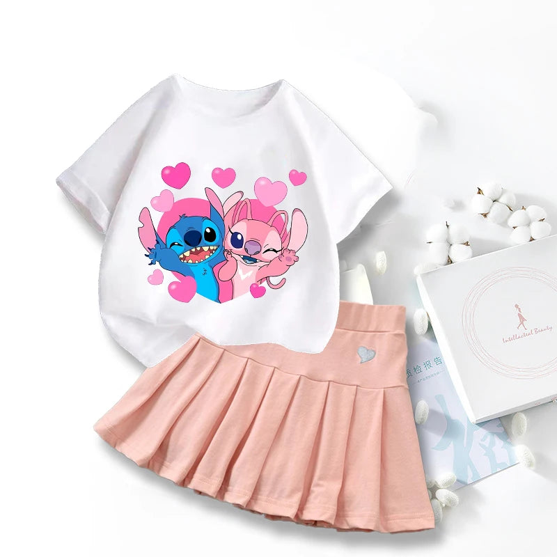 Nouveau mignon Lilo point T-shirts jupe ensemble Kawaii Disney dessin animé graphique T-shirt enfants décontracté manches courtes hauts été fille vêtements