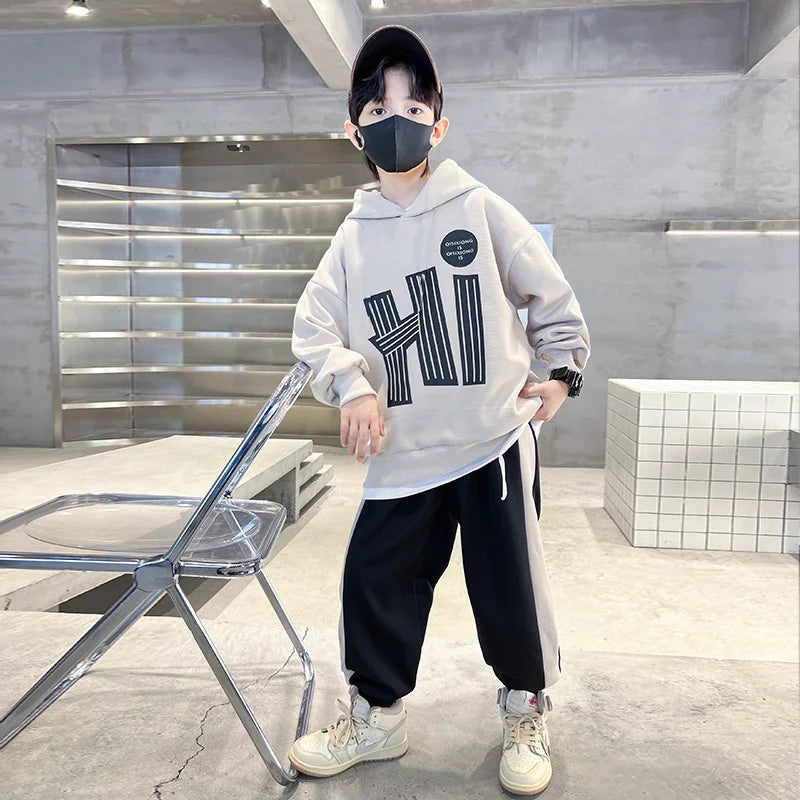 Costume sweat-shirt pour garçons, ensemble décontracté, à la mode, pour enfants et adolescents, à capuche, tendance, haut et pantalon, 2 pièces, nouvelle collection automne printemps 2025